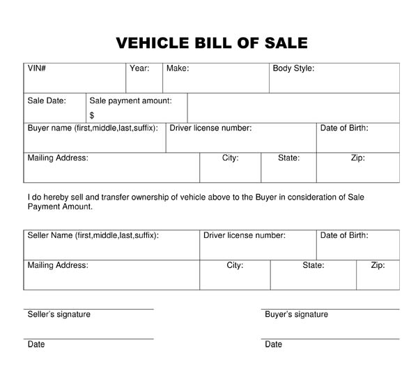 Bill Of Sale Vehicle Template