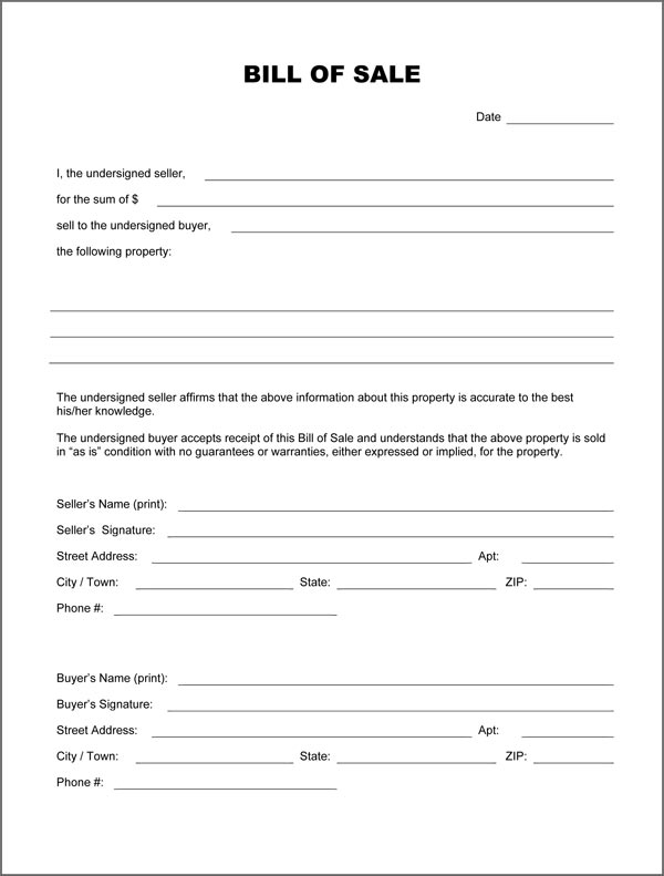 Blank Bill Of Sale Form - Download PDF/DOC Formats